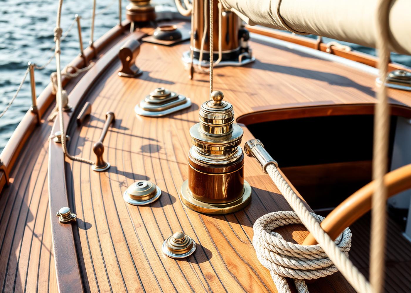 Varnished teak deck with brass winch and coiled rope
