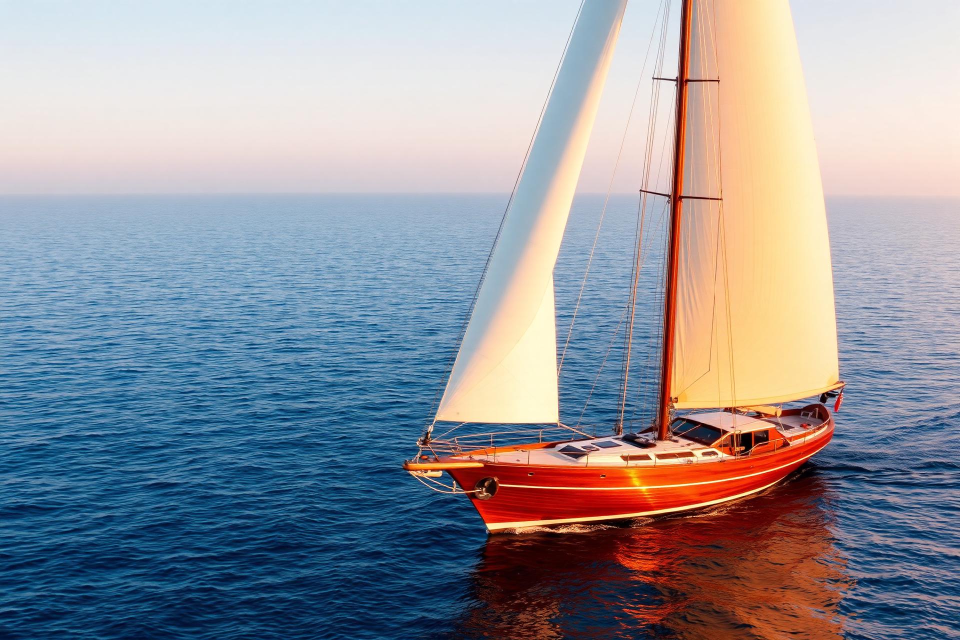 Yawl under full sail at sunset