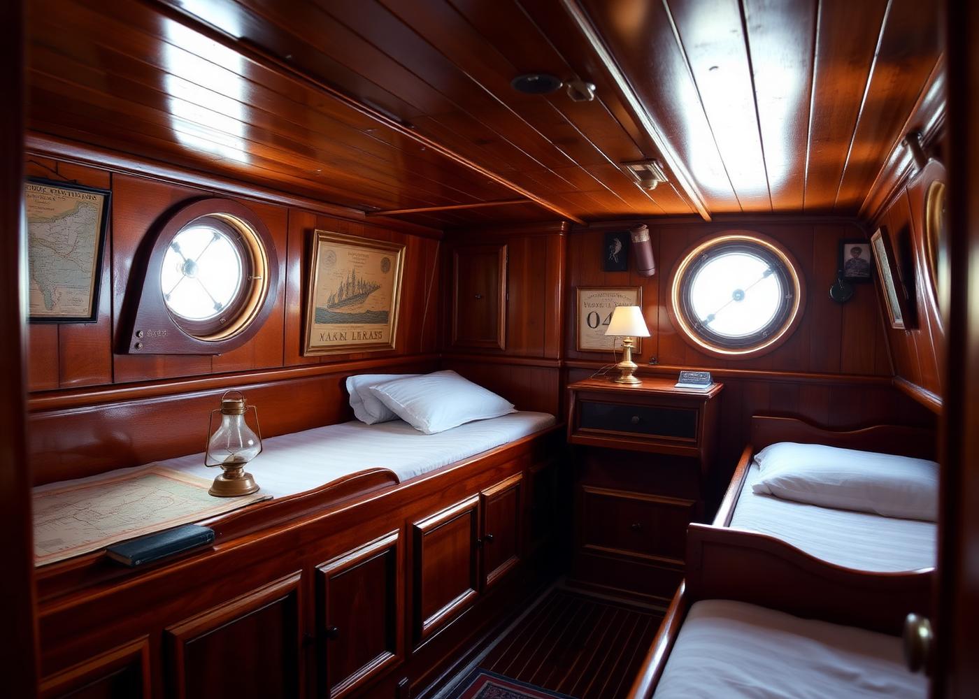 Warm mahogany cabin interior with brass oil lamp